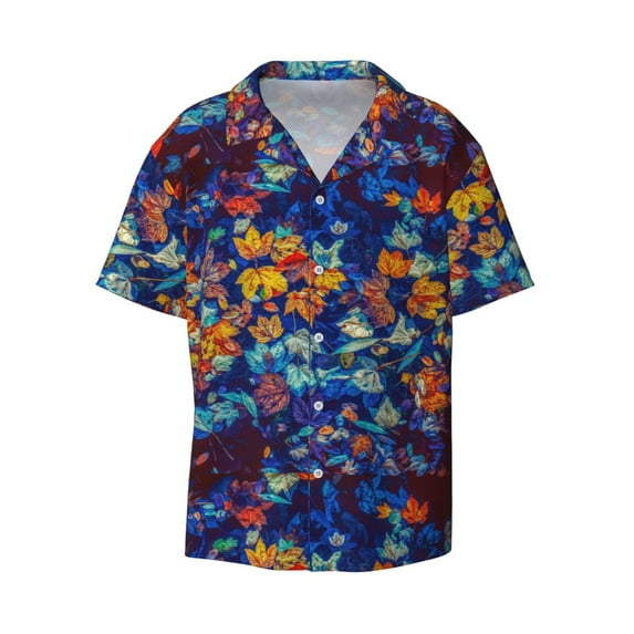 KLL Colorful Fall Leaves Print Men's Shirt Short Sleeve Button Down Summer Cuba Beach Shirts- 3X-Large