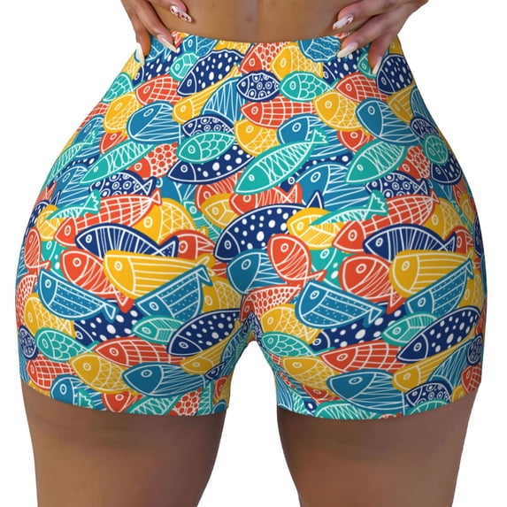 KLL Colorful Fish 1 Pattern Workout Shorts for Women Scrunch Short Gym Yoga Running Sport Active Exercise Fitness Shorts