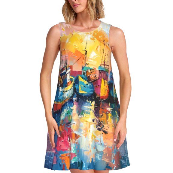 KLL Colorful Fishing Boats Pattern Womens Summer Dresses 2025,Loose Round Neck Sleeveless Sundresses Tank Dresses with Pockets