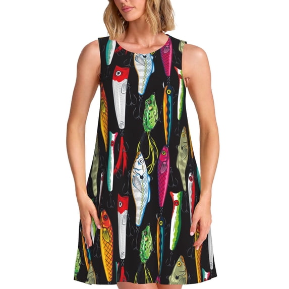 KLL Colorful Fishing Lures Pattern Womens Summer Dresses 2025,Loose Round Neck Sleeveless Sundresses Tank Dresses with Pockets