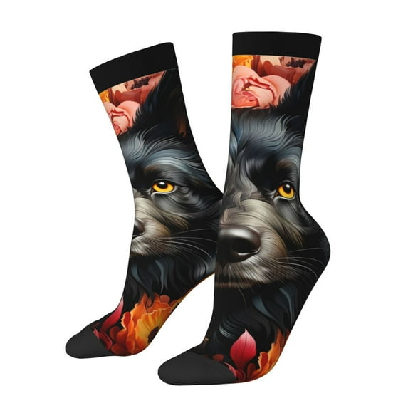 KLL Colorful Floral Black Dog Print Cool Socks Men's Women's Crew Socks Funny Crazy Novelty Stockings