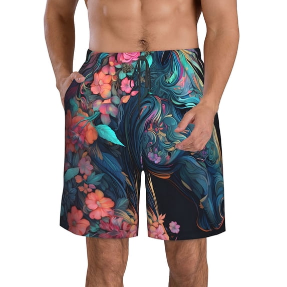 KLL Colorful Floral Patterned Horse Men's Casual Summer Beach Shorts Hawaiian Shorts with Pockets-XX-Large