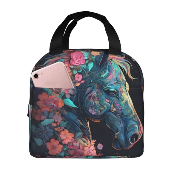 KLL Colorful Floral Patterned Horse Print Insulated Lunch Bag Women, Reusable Cute Tote Lunch Box for Adult & Men, Leakproof Cooler Lunch Bags for Work Office Travel Picnic