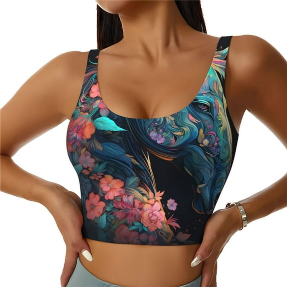 KLL Colorful Floral Patterned Horse for Workout Tank Tops for Women,U Back Fitness Top Built in Shelf Bras Padded Fit for Yoga Gym-Medium