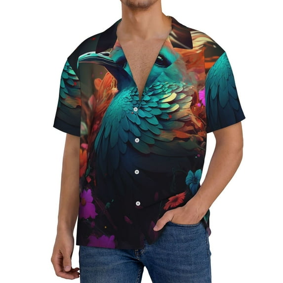 KLL Colorful Flower Bird Print Men's Shirt Short Sleeve Button Down Summer Cuba Beach Shirts- X-Large