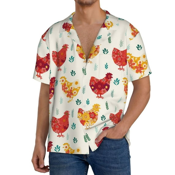 KLL Colorful Flower Chickens Print Men's Shirt Short Sleeve Button Down Summer Cuba Beach Shirts- XX-Large
