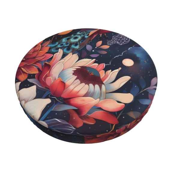 KLL Colorful Flower Peacock Round Bar Chair Cushion Cover 14 inch ,Bar Stool Protector with Elastic, Soft Washable