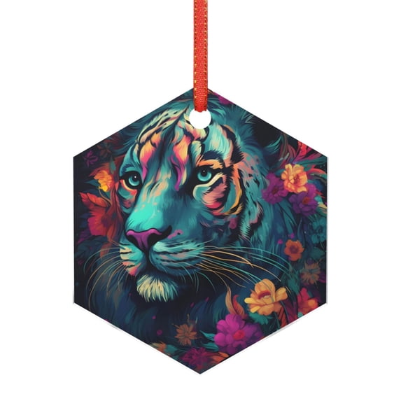 KLL Colorful Flower Tiger Pattern Acrylic Christmas Ornaments,1 PCS Xmas Tree Decor with Ribbon 3" Christmas Décor Christmas Pendant for Hanging on Tree & Party Favors-Hexagon