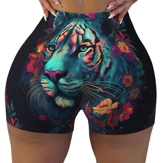 KLL Colorful Flower Tiger Pattern Workout Shorts for Women Scrunch Short Gym Yoga Running Sport Active Exercise Fitness Shorts