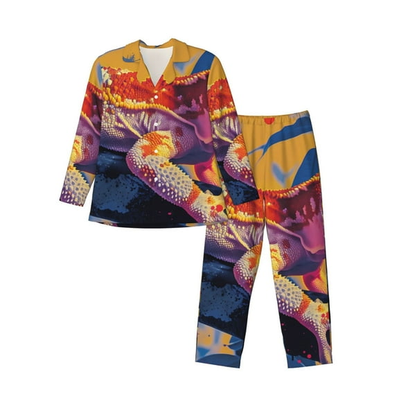 KLL Colorful Gecko Jungle Art Sleepwear Mens Flannel Pajamas,Long Cotton Pj Set