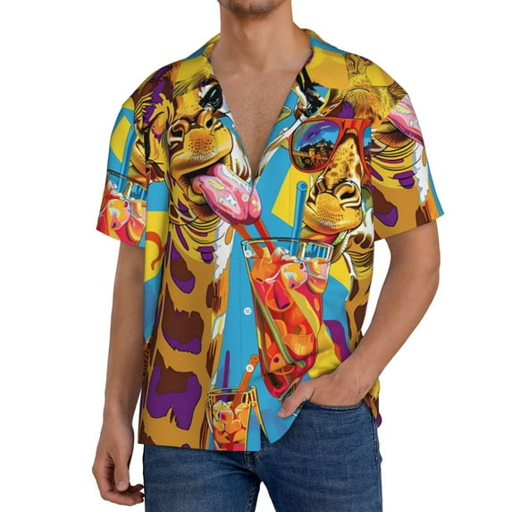 KLL Colorful Giraffes with Drinks Print Men's Shirt Short Sleeve Button Down Summer Cuba Beach Shirts- 3X-Large