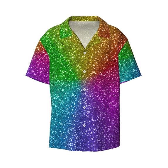 KLL Colorful Glitter Print Men's Shirt Short Sleeve Button Down Summer Cuba Beach Shirts- XX-Large