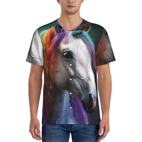 KLL Colorful Haired White Horse for Men's Baseball Shirts,Short Sleeve Casual Shirts Button Down Shirt for Men Beach Summer Wedding Shirt-3X-Large