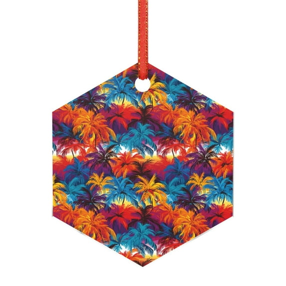 KLL Colorful Hawaii Palms Pattern Acrylic Christmas Ornaments,1 PCS Xmas Tree Decor with Ribbon 3" Christmas Décor Christmas Pendant for Hanging on Tree & Party Favors-Hexagon