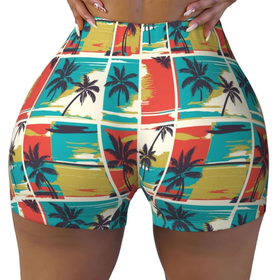 KLL Colorful Hawaii Palms Pattern Workout Shorts for Women Scrunch Short Gym Yoga Running Sport Active Exercise Fitness Shorts