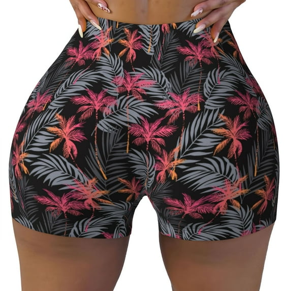 KLL Colorful Hawaii Palms Pattern Workout Shorts for Women Scrunch Short Gym Yoga Running Sport Active Exercise Fitness Shorts