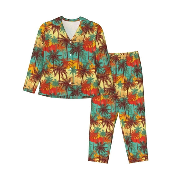 KLL Colorful Hawaii Palms Print Women's Long Sleeve Pajamas with Pants Sleepwear Loungewear 2 Set-X-Large