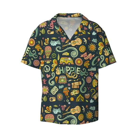 KLL Colorful Hippie Print Men's Shirt Short Sleeve Button Down Summer Cuba Beach Shirts- 4X-Large