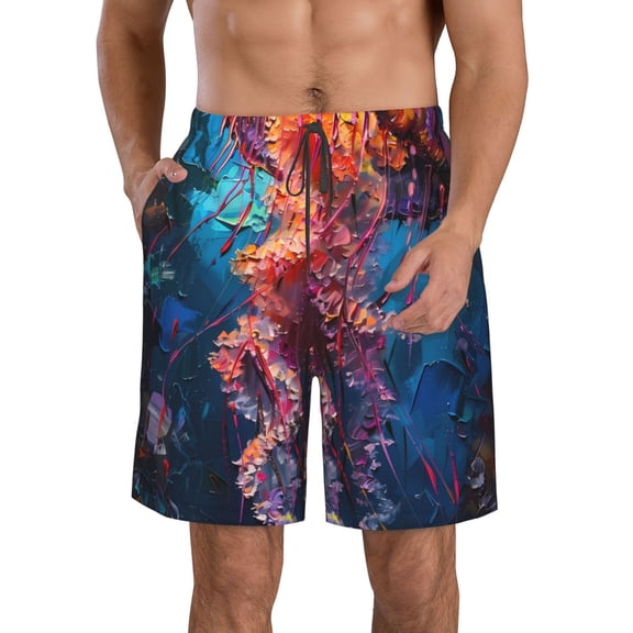 KLL Colorful Jellyfish Abstract Men's Casual Summer Beach Shorts Hawaiian Shorts with Pockets-Large