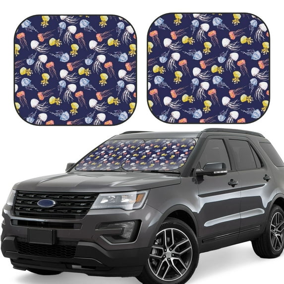 KLL Colorful Jellyfish Windshield Sun Shade 2-Piece Foldable Car Front Window Sunshade for Most Sedans SUV Truck- Large