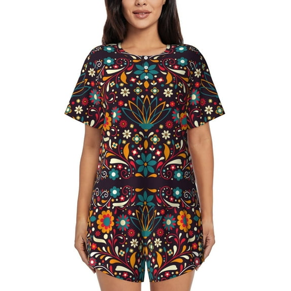 KLL Colorful Mexican2 Print Pajama Set for Women Short Sleeve Sleepwear Pjs Soft 2 Piece Lounge Sleepwear Sets-3X-Large