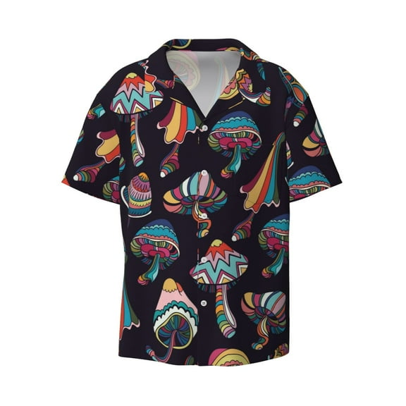 KLL Colorful Mushrooms Print Men's Shirt Short Sleeve Button Down Summer Cuba Beach Shirts- Small