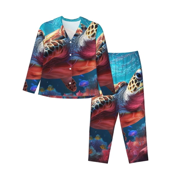 KLL Colorful Ocean Sea Turtle Print Women's Long Sleeve Pajamas with Pants Sleepwear Loungewear 2 Set-Medium