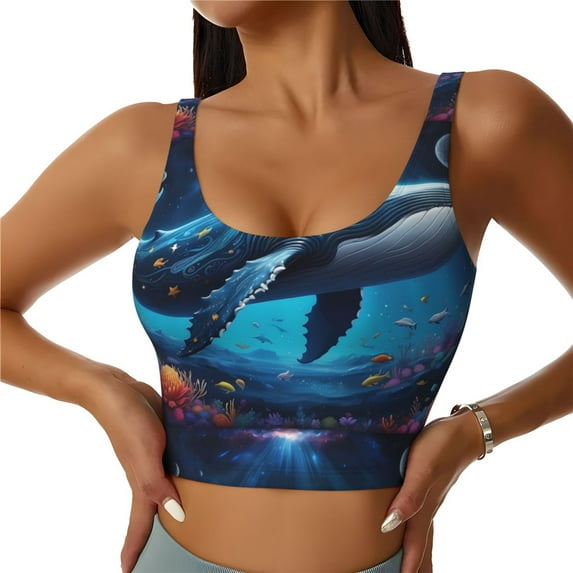 KLL Colorful Ocean Whale for Workout Tank Tops for Women,U Back Fitness Top Built in Shelf Bras Padded Fit for Yoga Gym-Large
