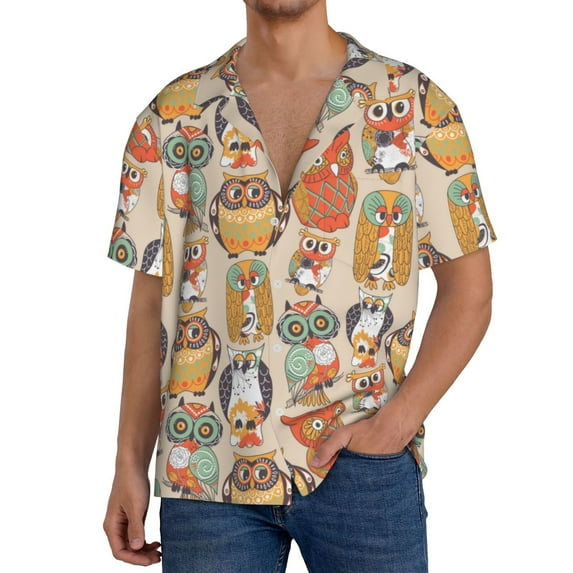 KLL Colorful Owls Print Men's Shirt Short Sleeve Button Down Summer Cuba Beach Shirts- Large