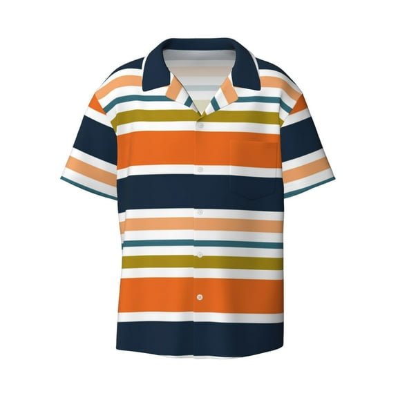 KLL Colorful Pastel Stripes Print Men's Shirt Short Sleeve Button Down Summer Cuba Beach Shirts- Large
