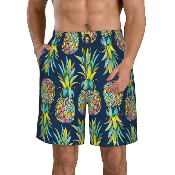 KLL Colorful Pineapples Men's Casual Summer Beach Shorts Hawaiian Shorts with Pockets-Large