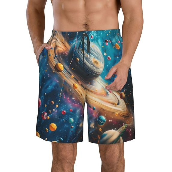 KLL Colorful Planet Universe Men's Casual Summer Beach Shorts Hawaiian Shorts with Pockets-XX-Large