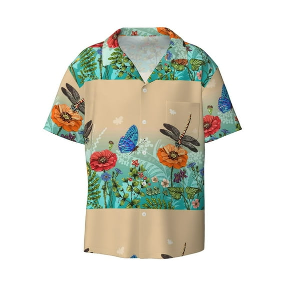 KLL Colorful Plants And Insects Print Men's Shirt Short Sleeve Button Down Summer Cuba Beach Shirts- Small