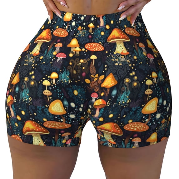 KLL Colorful Plants Mushroom Pattern Workout Shorts for Women Scrunch Short Gym Yoga Running Sport Active Exercise Fitness Shorts