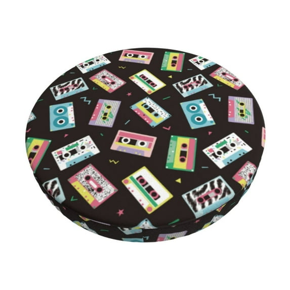 KLL Colorful Retro Tape Round Bar Chair Cushion Cover 13 inch ,Bar Stool Protector with Elastic, Soft Washable