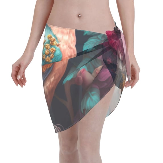 KLL Colorful Rose Bird Print Women's Sarong Coverups Short Bathing Suit Wrap Skirt Beach Wrap Swimsuit Cover Ups