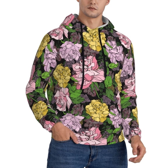 KLL Colorful Roses Print Mens Hoodie Long Sleeve Casual Pullover Hooded Sweatshirt Fashion Drawstring Hoodies with Pocket-Medium