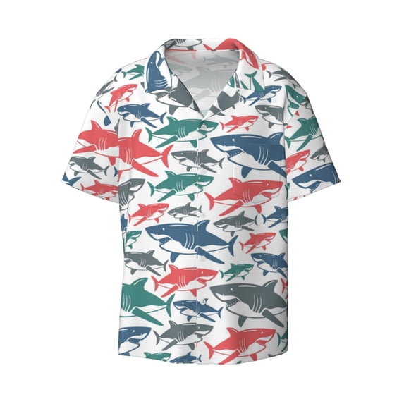 KLL Colorful Shark Print Men's Shirt Short Sleeve Button Down Summer Cuba Beach Shirts- Large