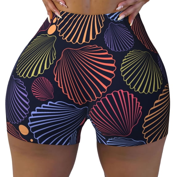 KLL Colorful Shells Pattern Workout Shorts for Women Scrunch Short Gym Yoga Running Sport Active Exercise Fitness Shorts