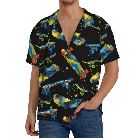 KLL Colorful Skateboard Print Men's Shirt Short Sleeve Button Down Summer Cuba Beach Shirts- 3X-Large