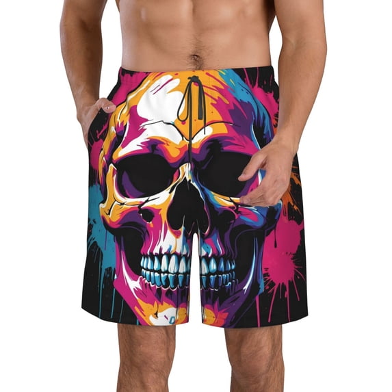KLL Colorful Skull Men's Casual Summer Beach Shorts Hawaiian Shorts with Pockets-XX-Large