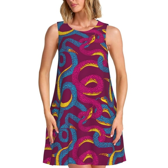 KLL Colorful Snake Pattern Womens Summer Dresses 2025,Loose Round Neck Sleeveless Sundresses Tank Dresses with Pockets