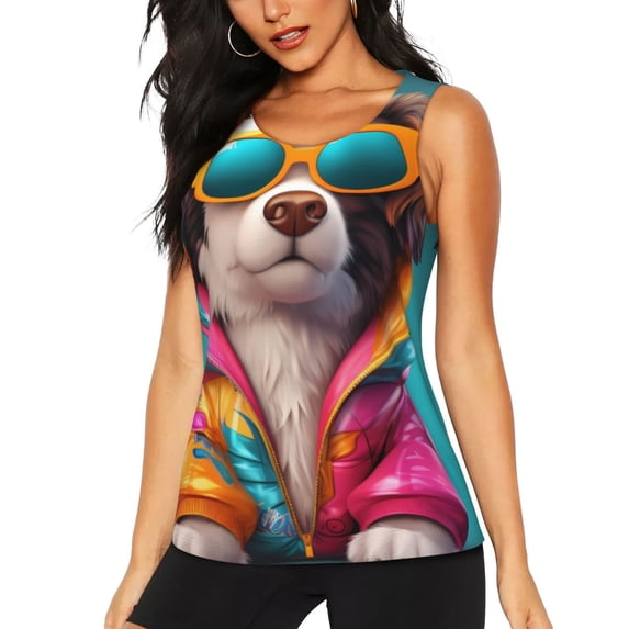 KLL Colorful Sunglasses Dog Print Womens Tank Top Sleeveless Workout Tops Athletic Running Shirts Yoga Gym Clothes-Medium