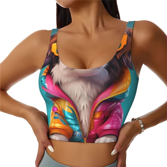 KLL Colorful Sunglasses Dog for Workout Tank Tops for Women,U Back Fitness Top Built in Shelf Bras Padded Fit for Yoga Gym-XX-Large
