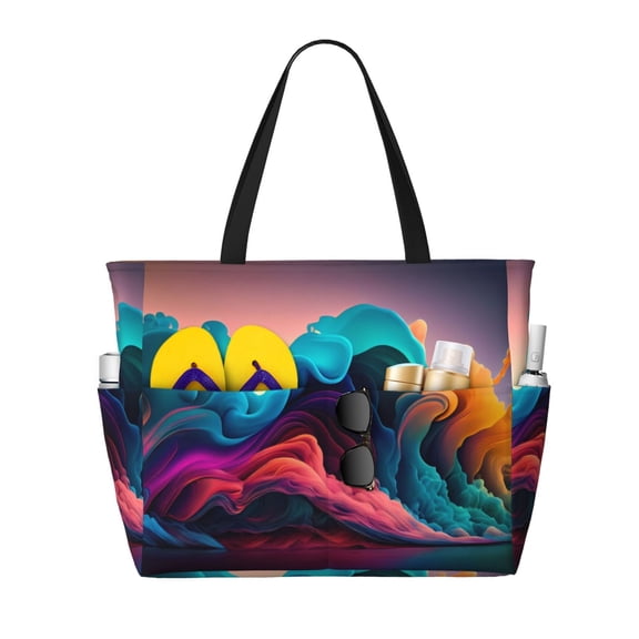 KLL Colorful Surreal Landscape Print Large Beach Tote Bag Women Waterproof Sandproof Zipper Beach Tote Bag for Pool Gym Grocery Travel with Wet Pocket