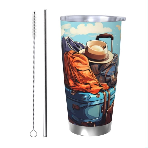 KLL Colorful Travel Luggage Gear Print 40oz Stainless Steel Insulated Car Cup with Spillproof Lid - Keep Your Drink Hot or Cold on the Go-Straw Two-piece Set