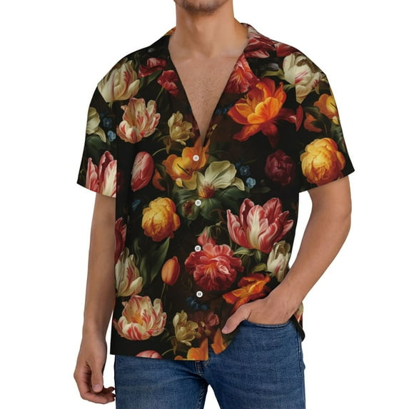 KLL Colorful Tulips Print Men's Shirt Short Sleeve Button Down Summer Cuba Beach Shirts- Large