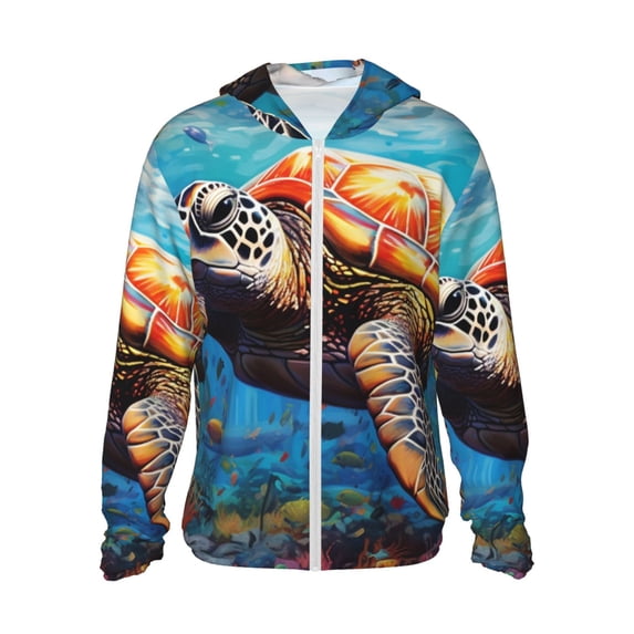 KLL Colorful Underwater Sea Turtle Print Men's Women’s UPF 50+ Sun Protection Outdoor Hoodie Jacket Long Sleeve Fishing Hiking Performance Shirt-3X-Large