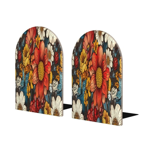 KLL Colorful Vintage Floral Pattern Print Wood Book Ends for Shelves,1 Pair Wood Bookends Book Holder Stand Decorative, Book Stoppers for Heavy Duty Books CD File Video Games