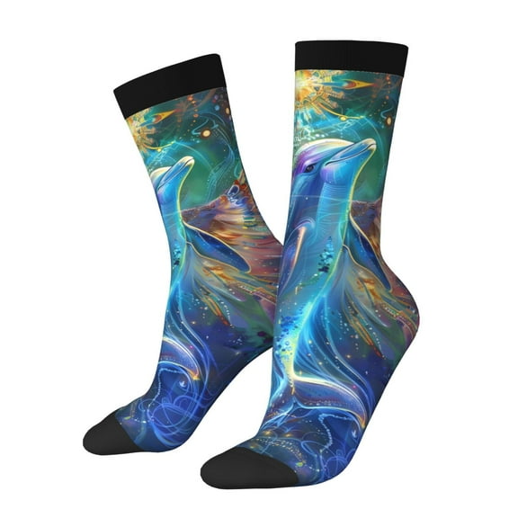 KLL Colorful Winged Dolphin Print Cool Socks Men's Women's Crew Socks Funny Crazy Novelty Stockings